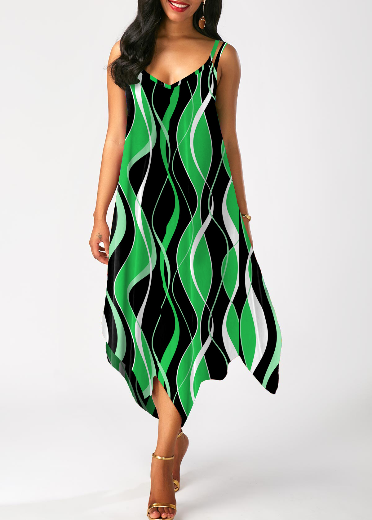 Striped Sleeveless Handkerchief Hem Green Dress