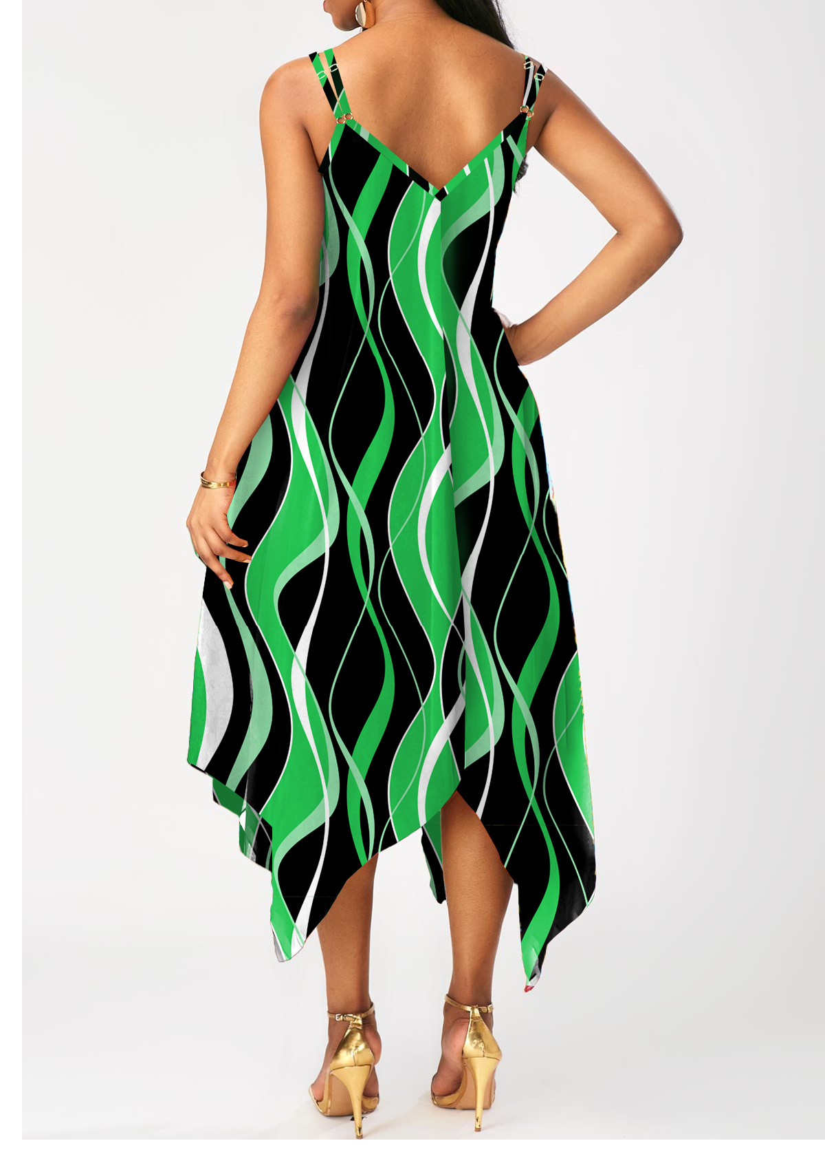 Striped Sleeveless Handkerchief Hem Green Dress