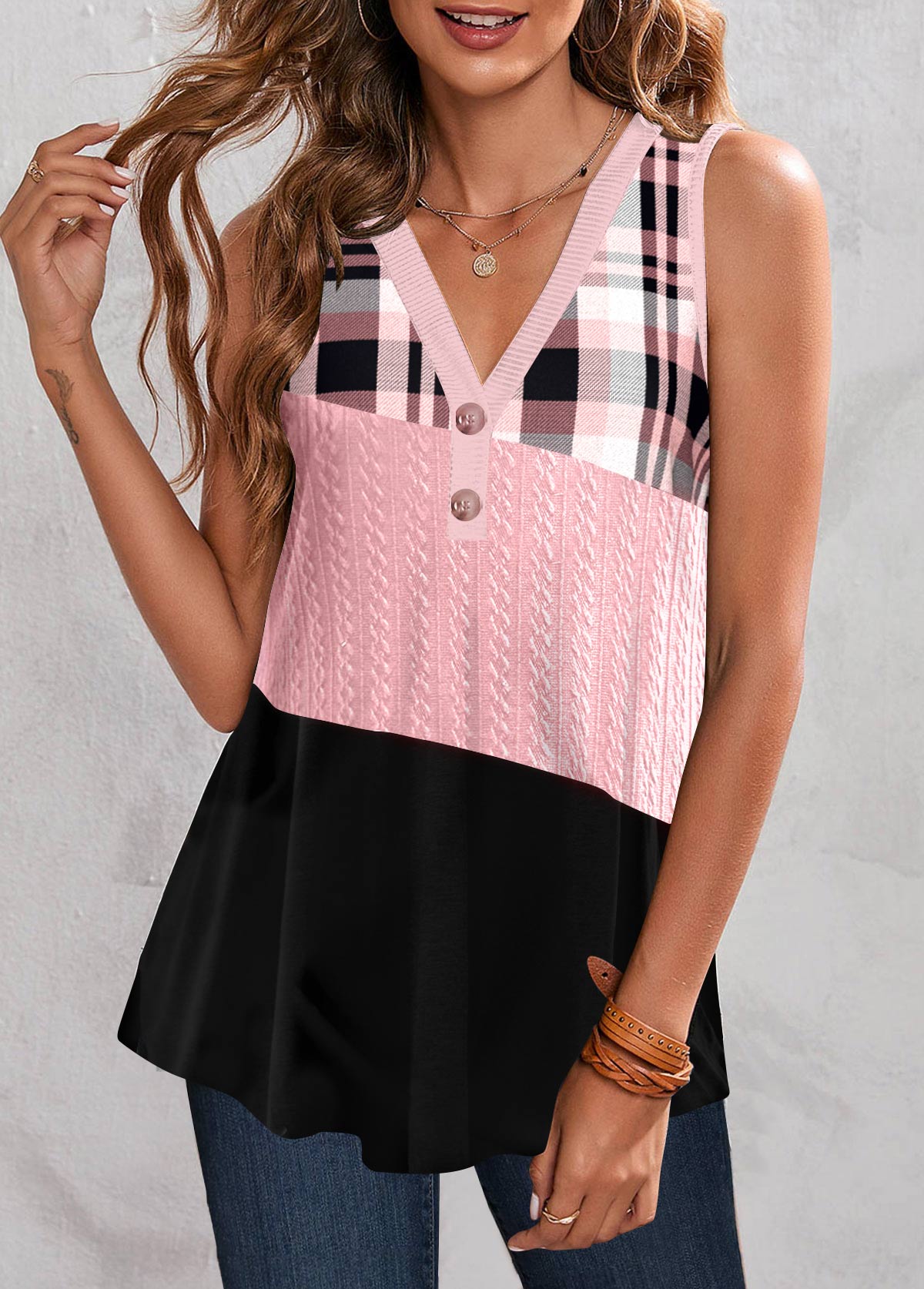 Plaid Twisted Pink V Neck Tank Top