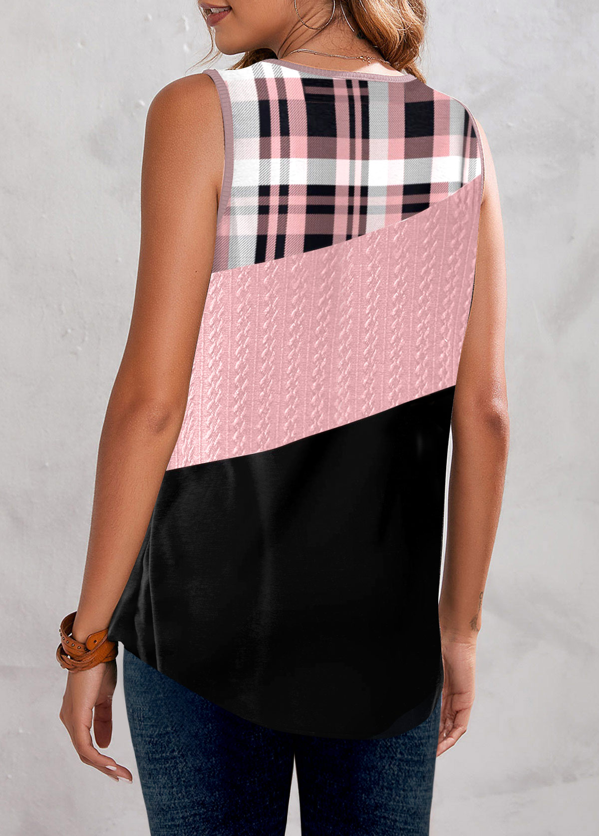 Plaid Twisted Pink V Neck Tank Top