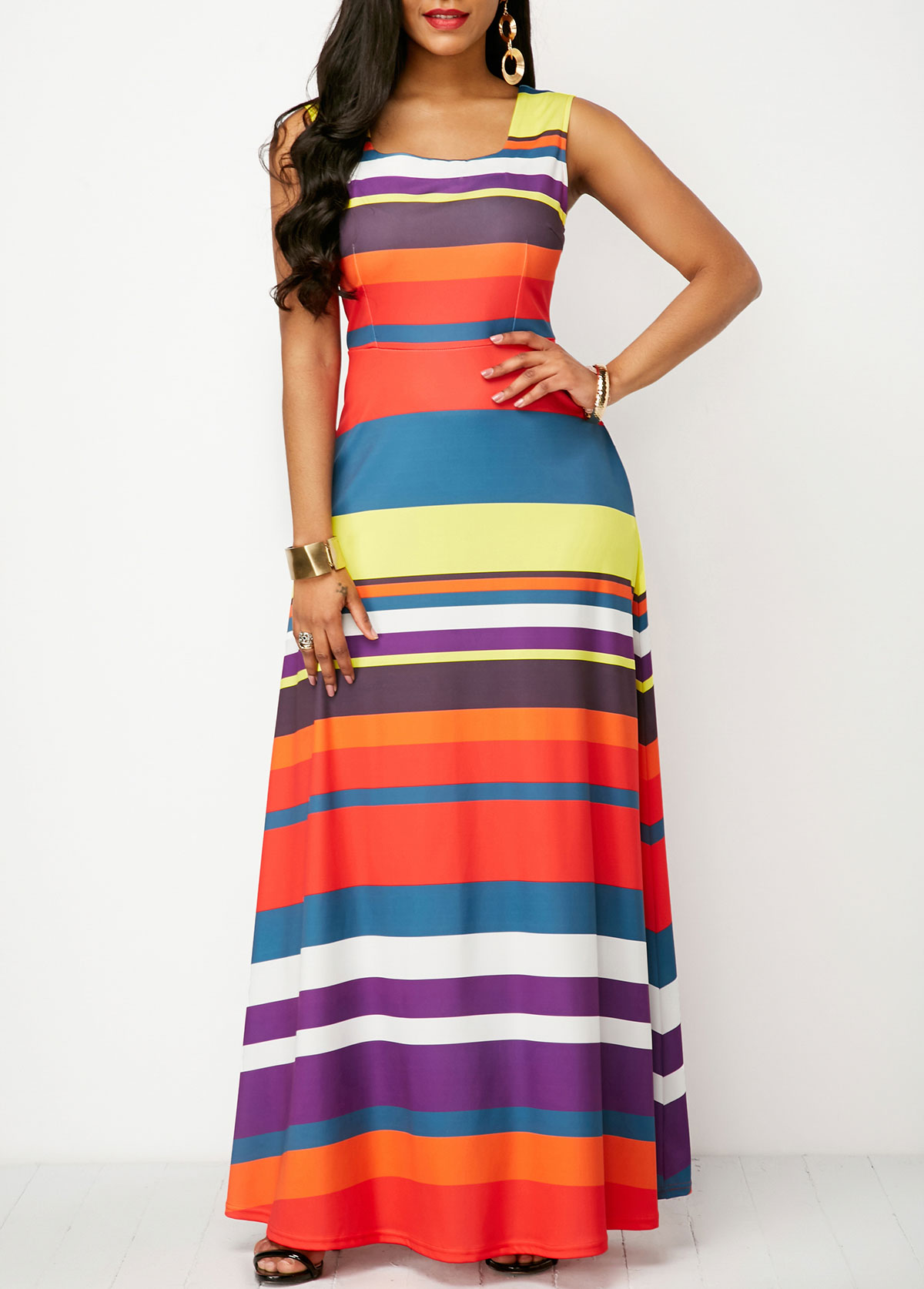 Striped Pocket Multi Color Square Neck Maxi Dress