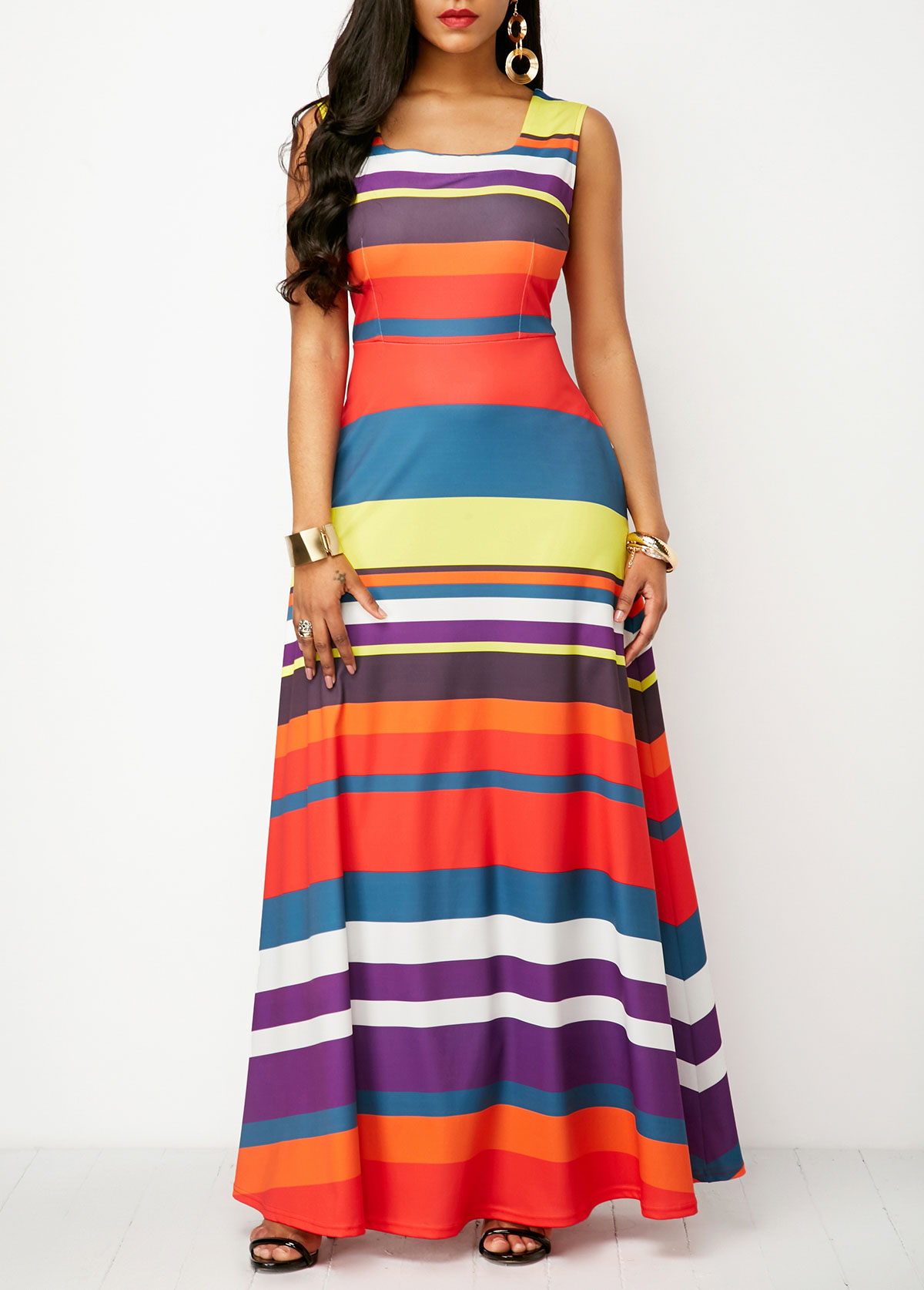Striped Pocket Multi Color Square Neck Maxi Dress