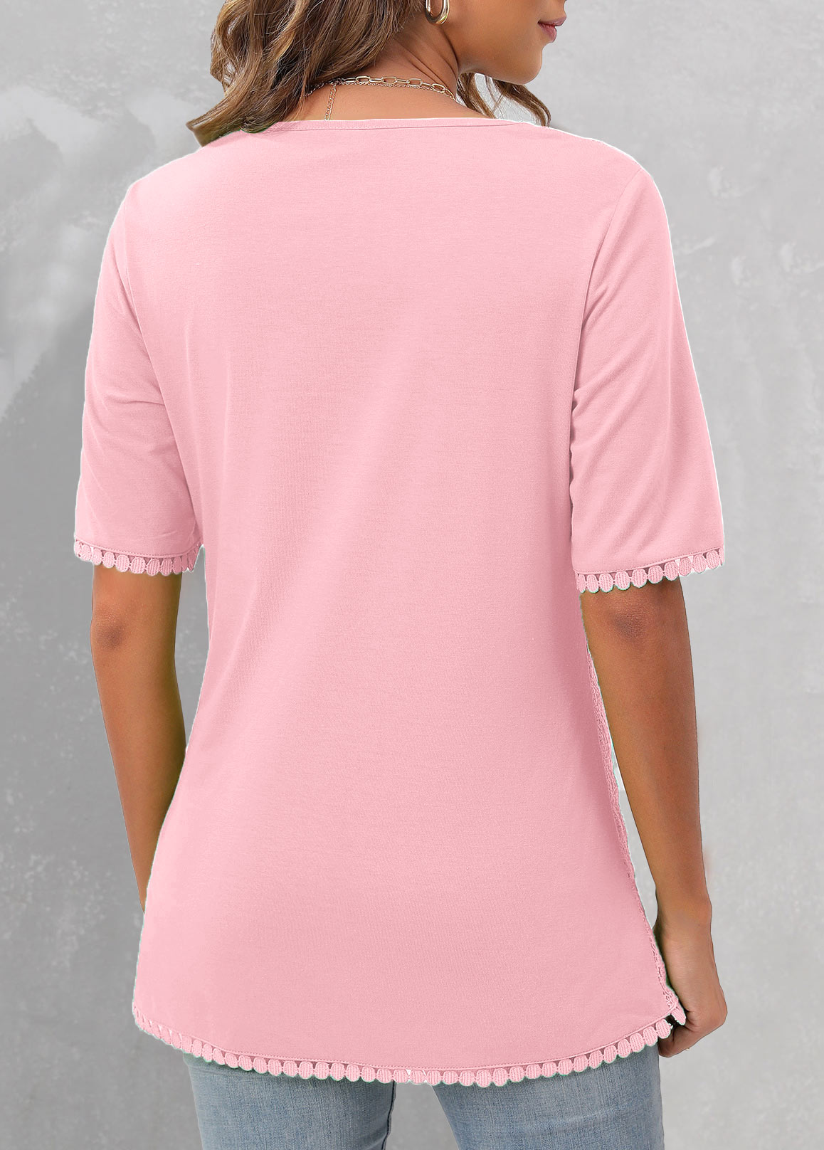 Pink Lace V Neck Short Sleeve Blouse