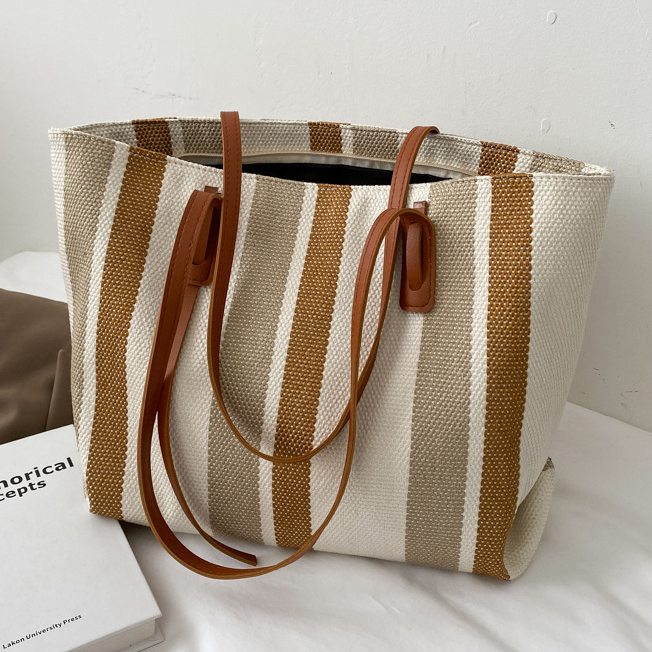 Light Camel Zip Striped Shoulder Tote Bag