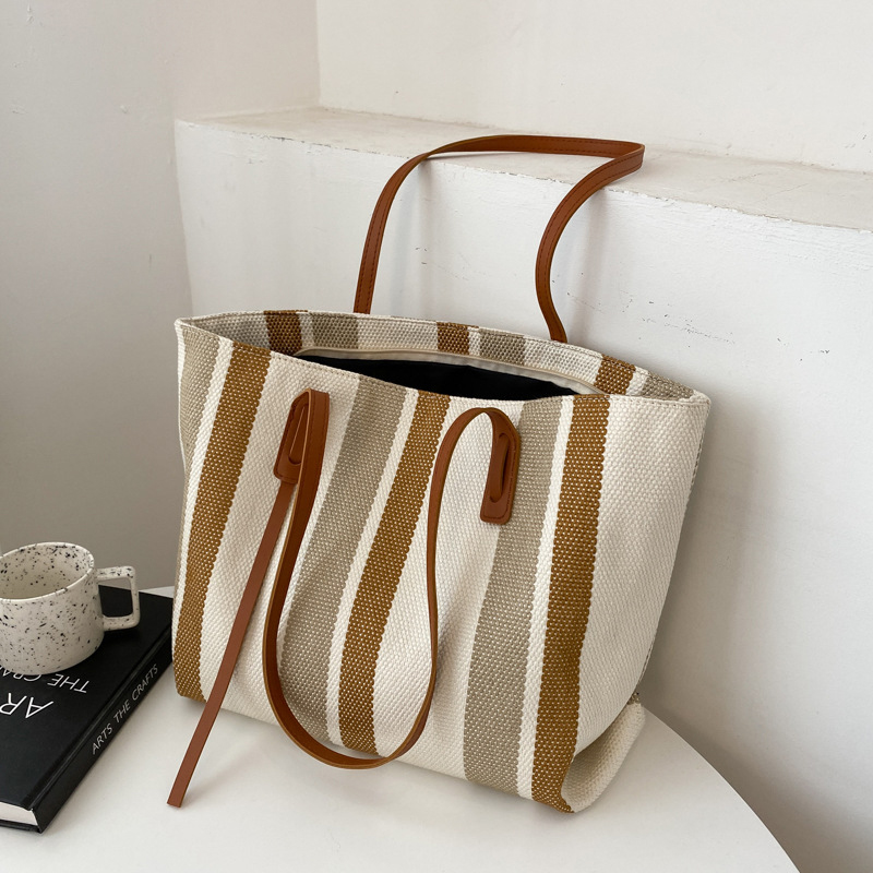 Light Camel Zip Striped Shoulder Tote Bag