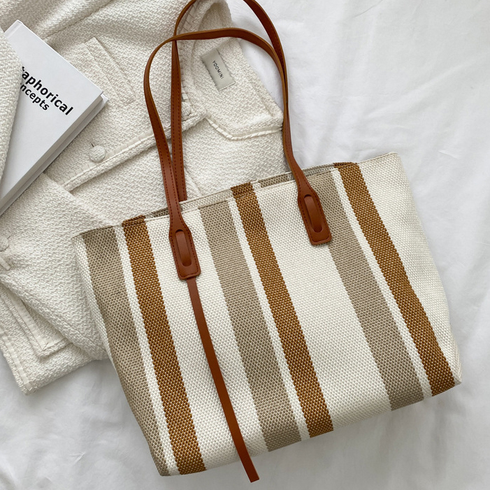 Light Camel Zip Striped Shoulder Tote Bag