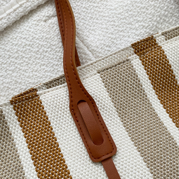 Light Camel Zip Striped Shoulder Tote Bag