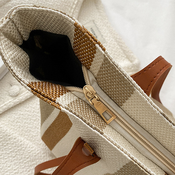 Light Camel Zip Striped Shoulder Tote Bag