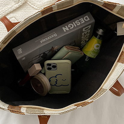 Light Camel Zip Striped Shoulder Tote Bag