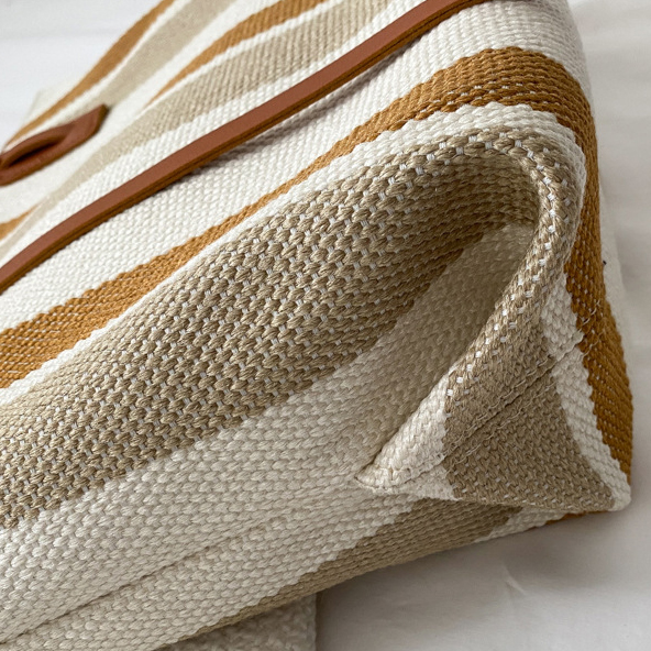 Light Camel Zip Striped Shoulder Tote Bag