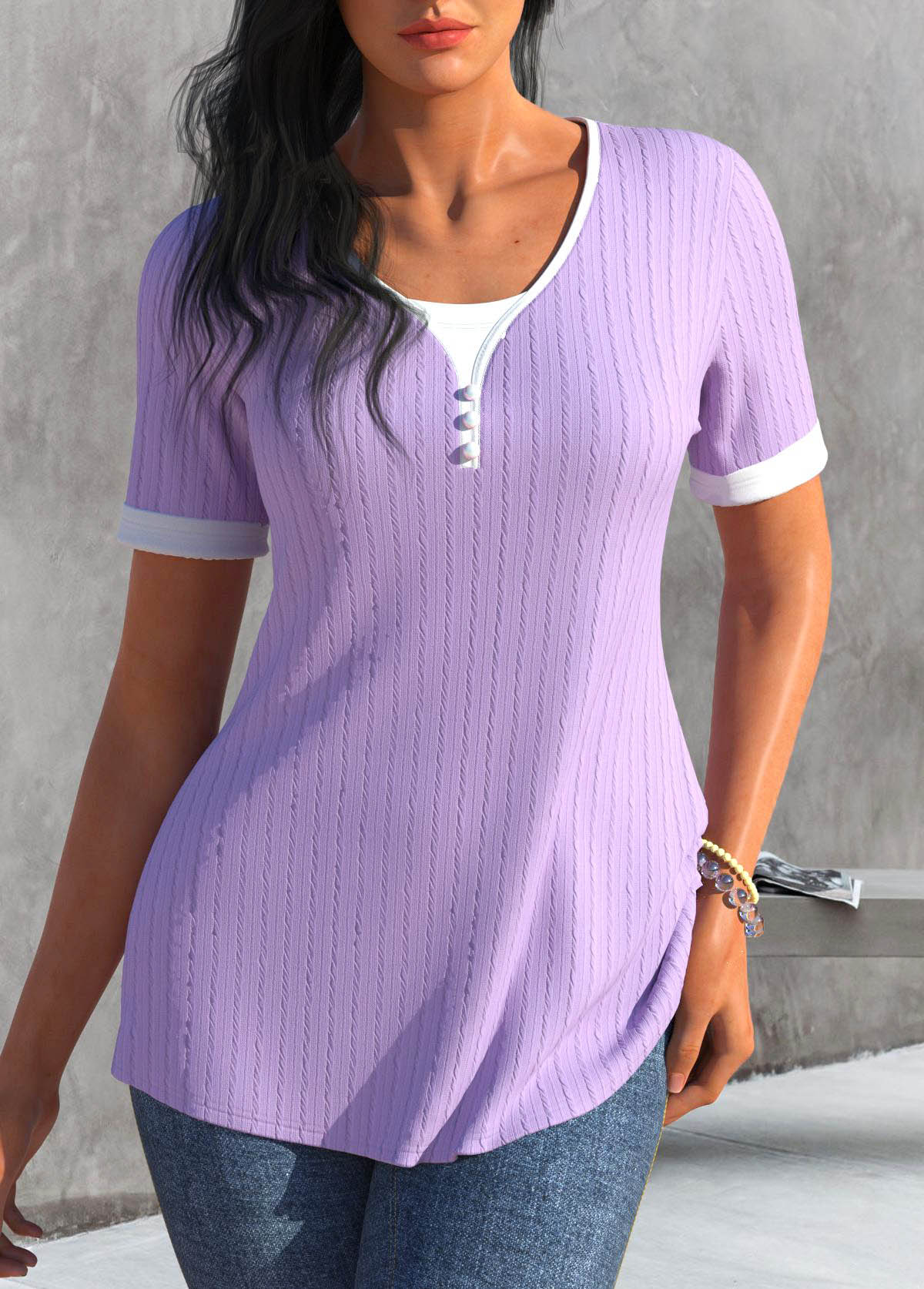 Light Purple Scoop Neck Button T Shirt