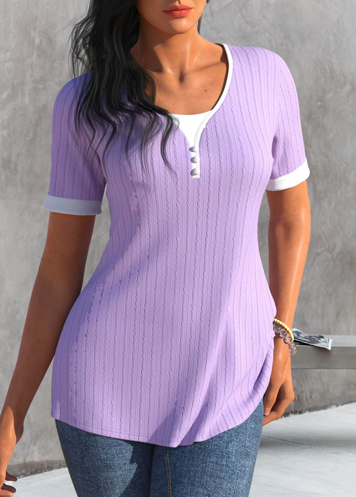 Light Purple Scoop Neck Button T Shirt