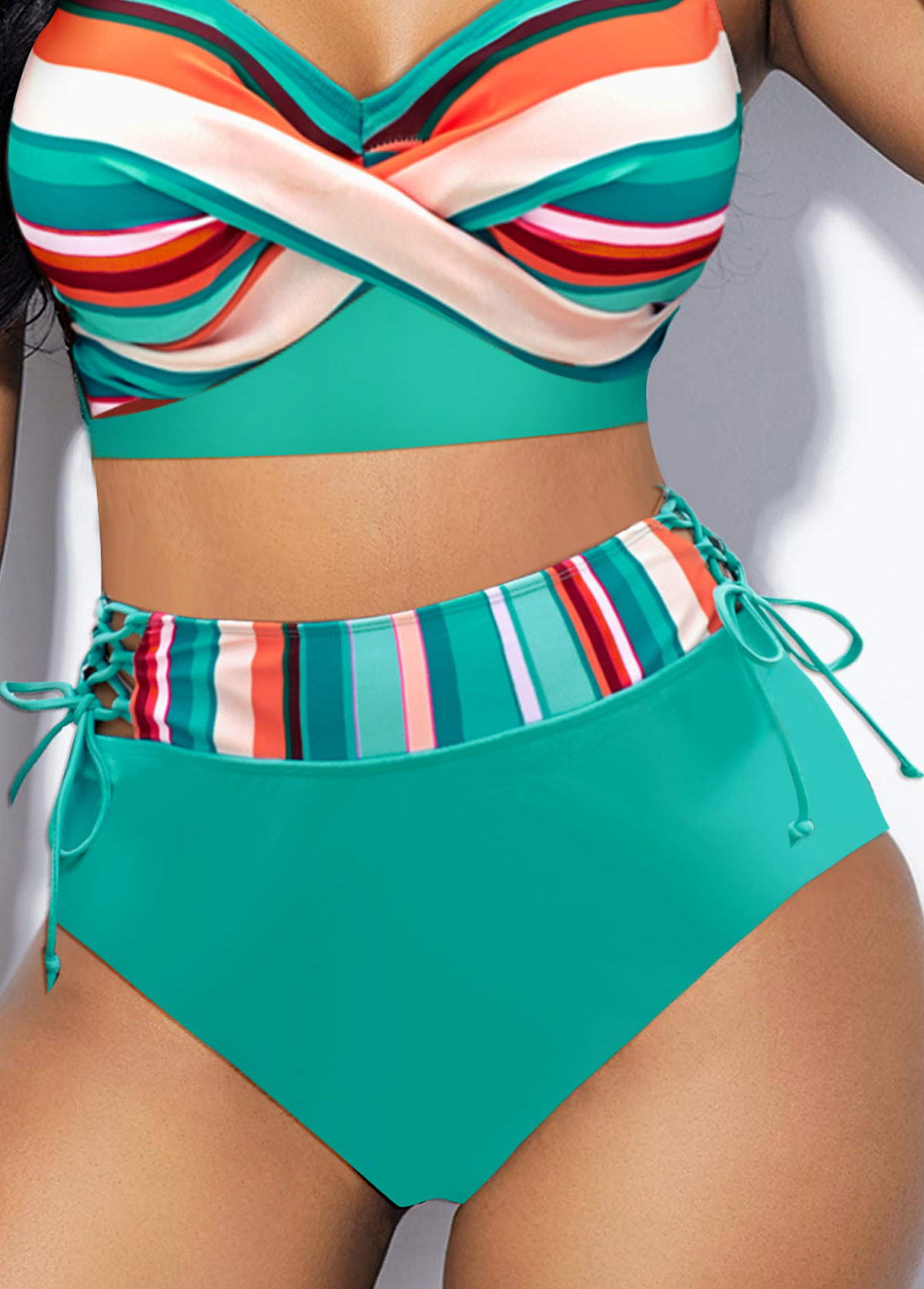 Striped Criss Cross Mint Green Bikini Set