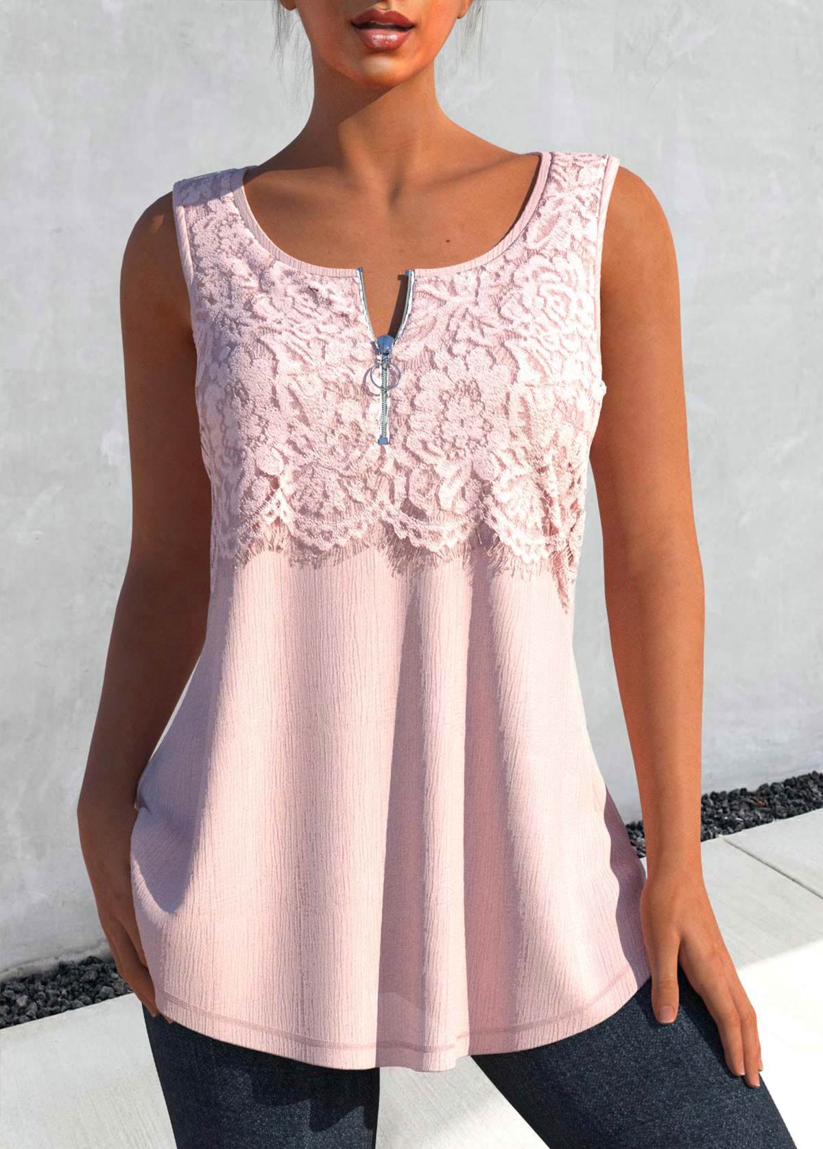 Light Pink Round Neck Lace Tank Top