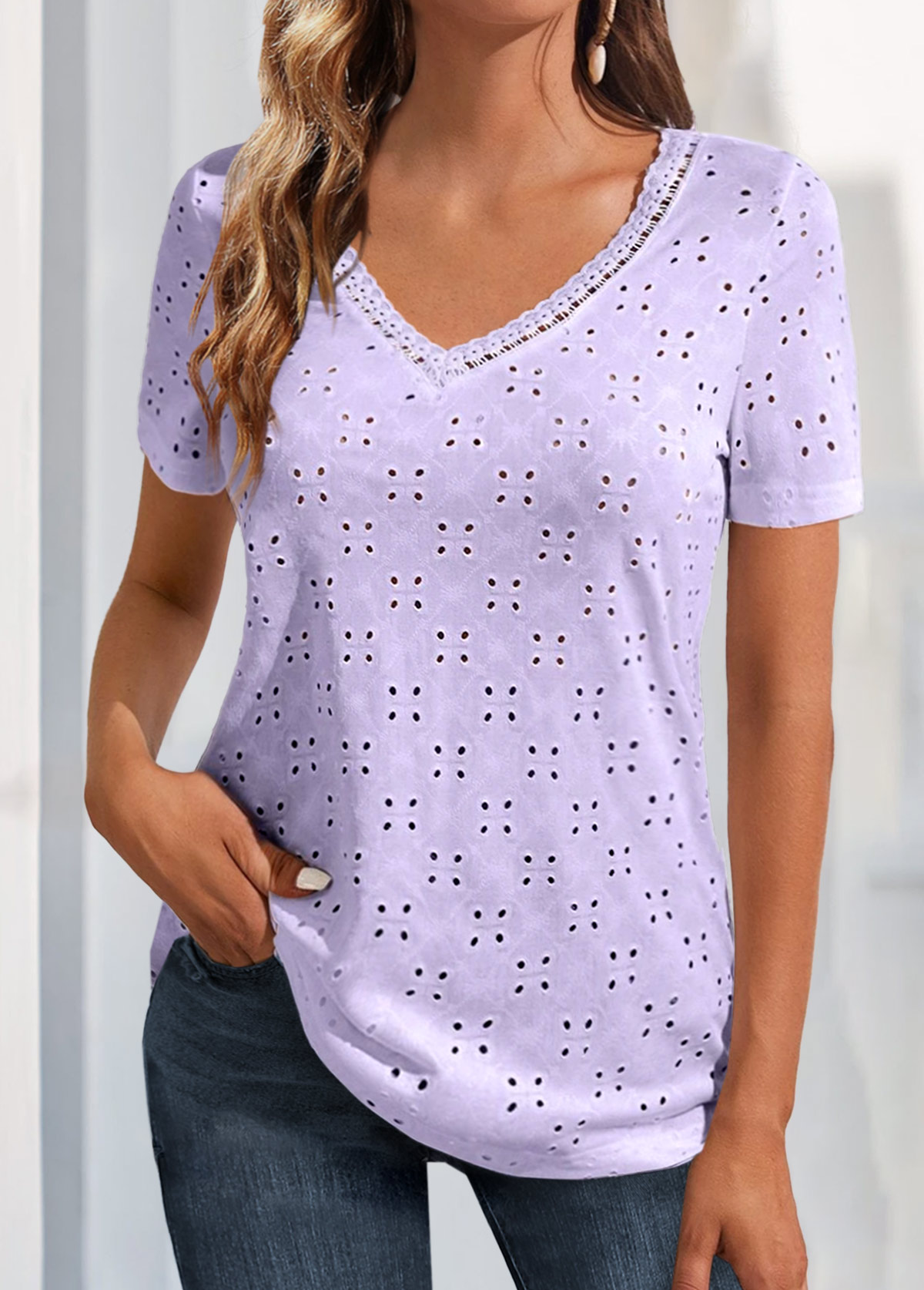 Light Purple Lace V Neck T Shirt