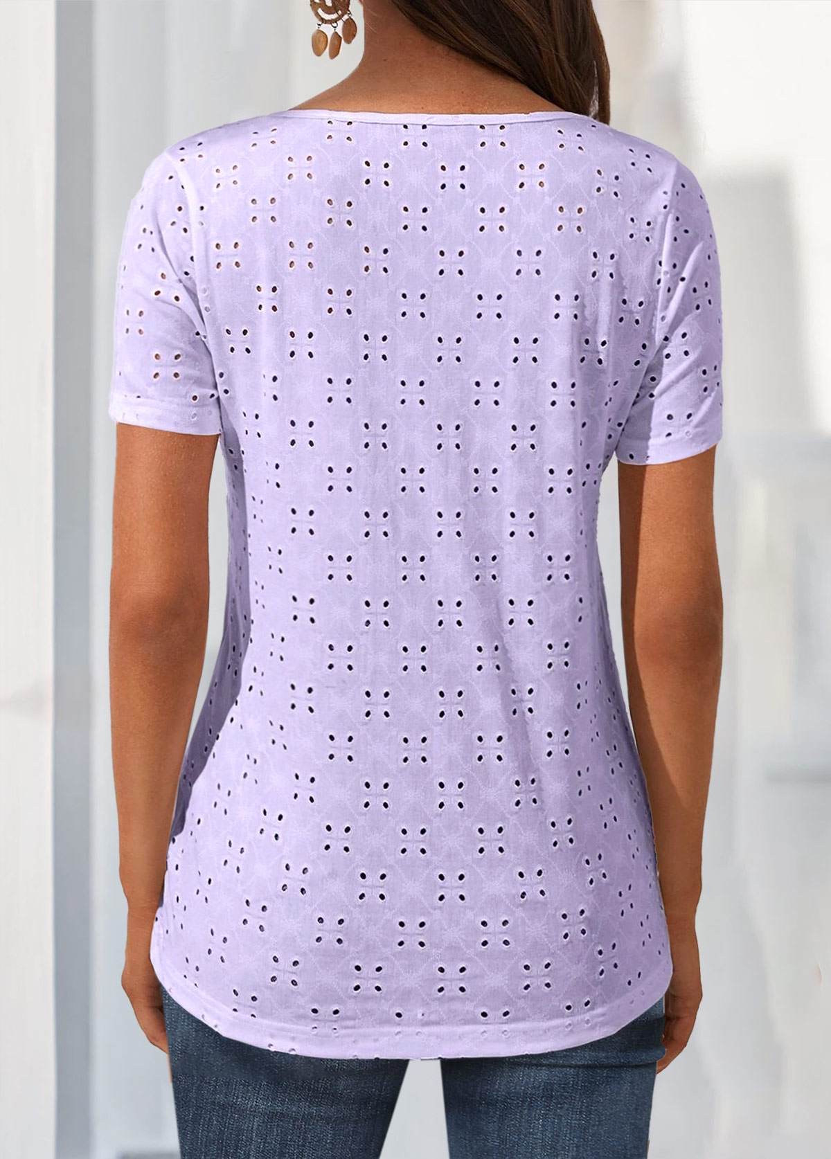 Light Purple Lace V Neck T Shirt