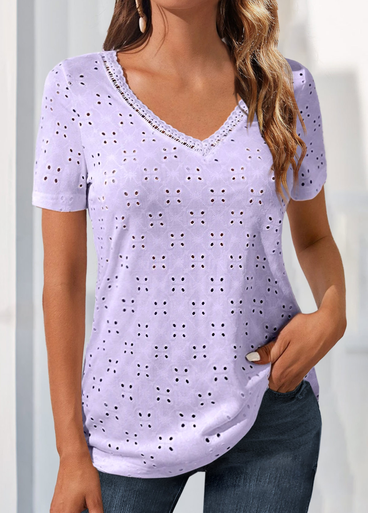 Light Purple Lace V Neck T Shirt