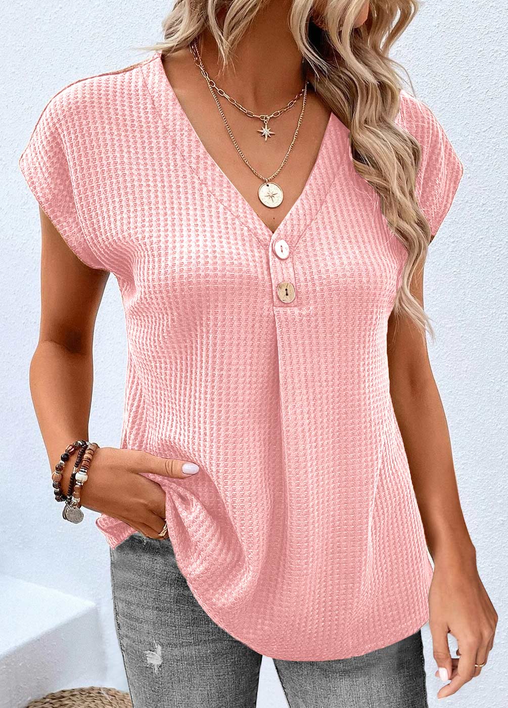 Button V Neck Pink Short Sleeve T Shirt