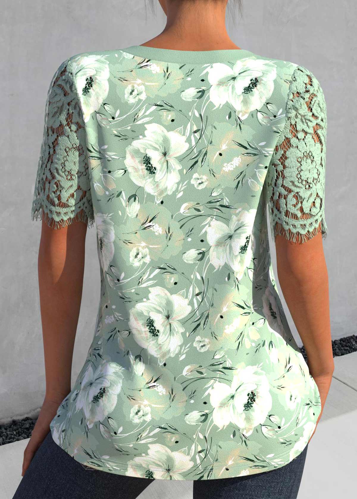 Floral Print Lace Sage Green Split Neck Blouse