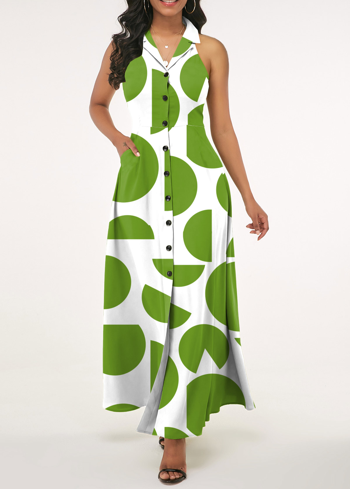 Geometric Print Pocket Green Lapel Sleeveless Maxi Dress
