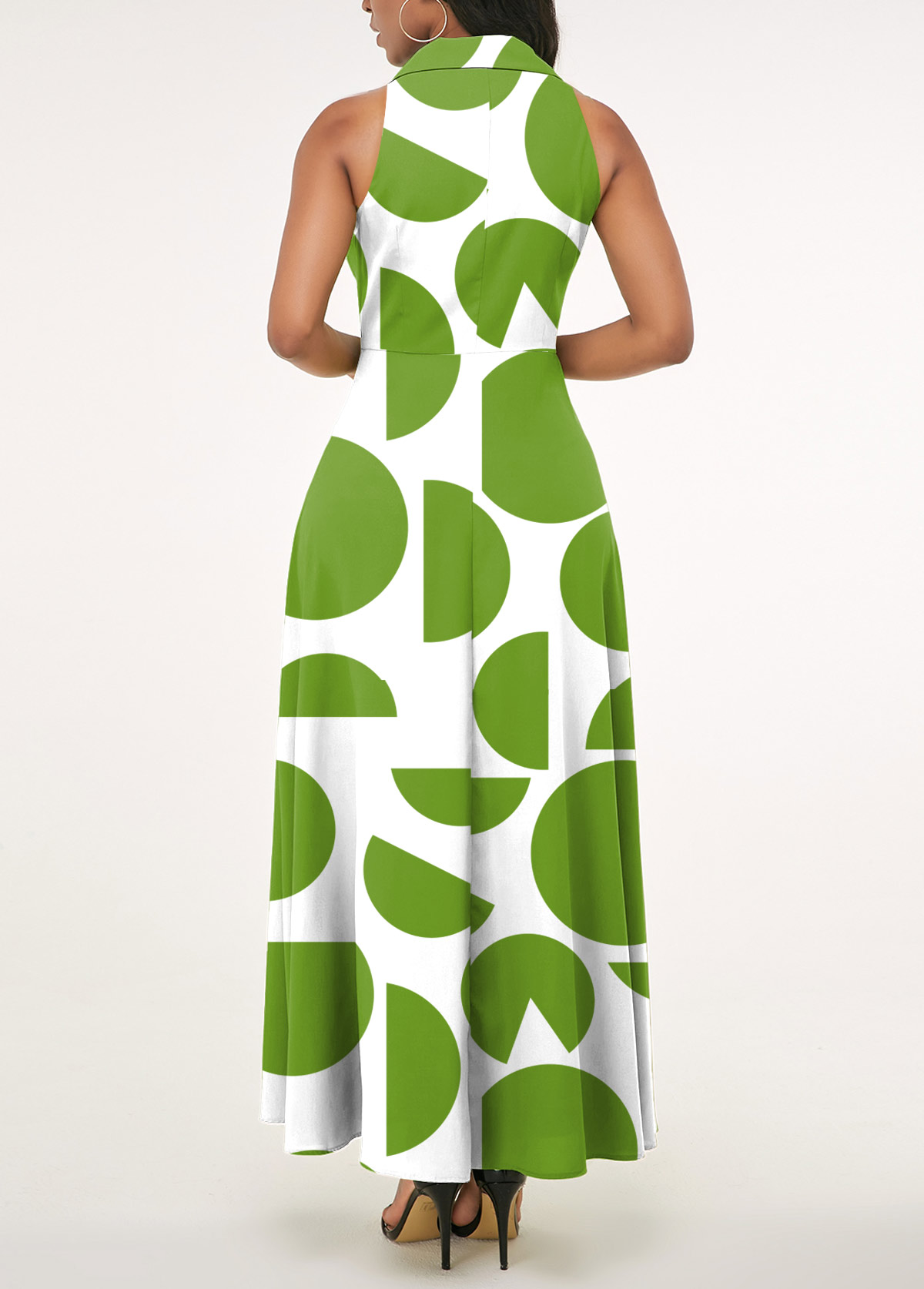 Geometric Print Pocket Green Lapel Sleeveless Maxi Dress