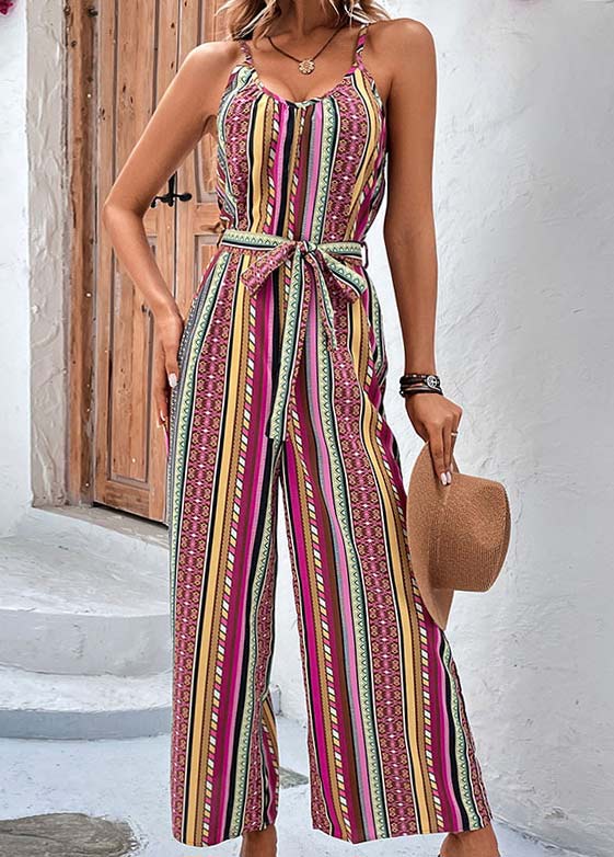 Striped Tie Belted Multi Color Ankle Length Jumpsuit