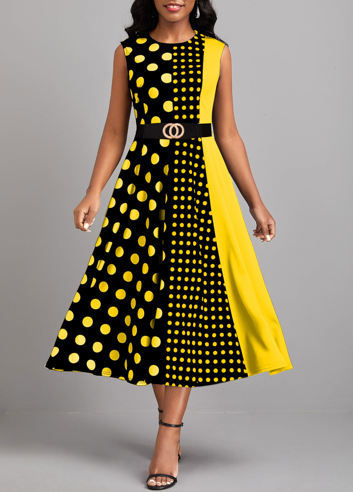 Geometric Print Umbrella Hem Yellow Round Neck Dress