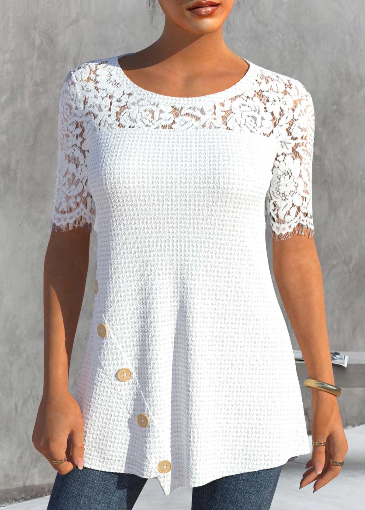 White Round Neck Short Sleeve Lace T Shirt