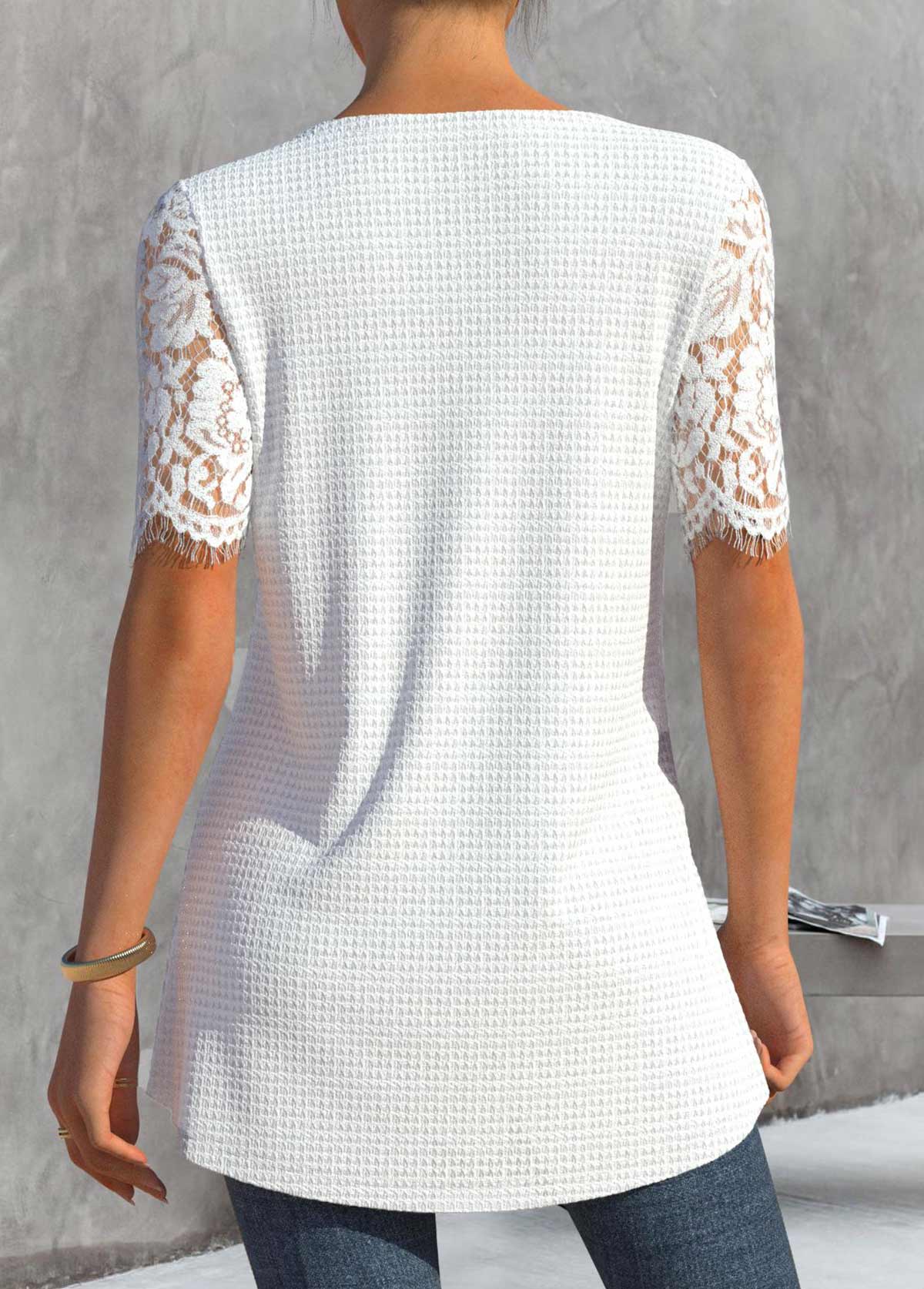 White Round Neck Short Sleeve Lace T Shirt