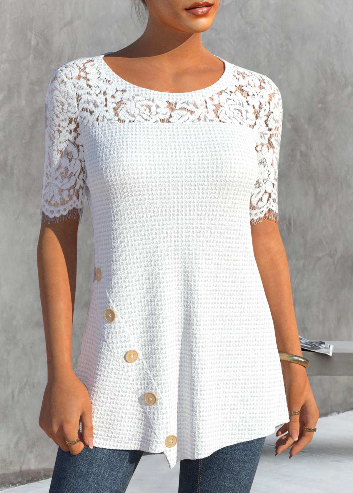White Round Neck Short Sleeve Lace T Shirt