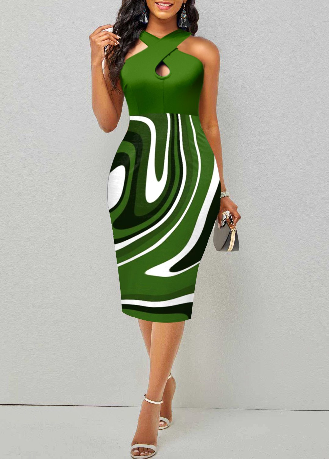 Geometric Print Criss Cross Green Bodycon Dress
