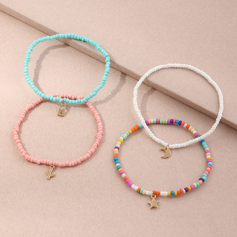 Layered Beads Multi Color Asymmetrical Anklet Set