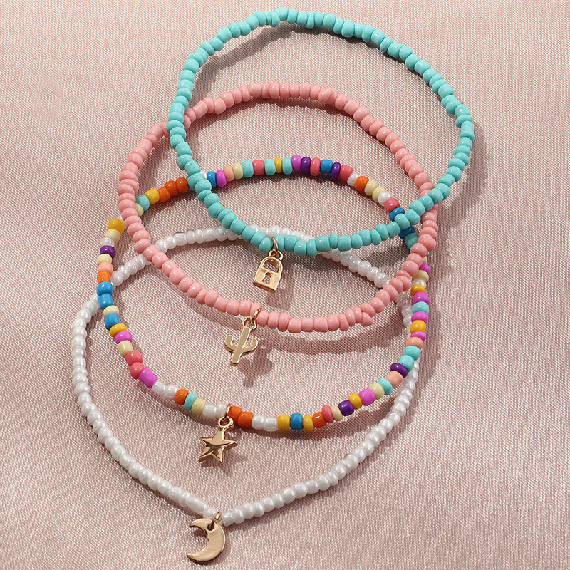 Layered Beads Multi Color Asymmetrical Anklet Set