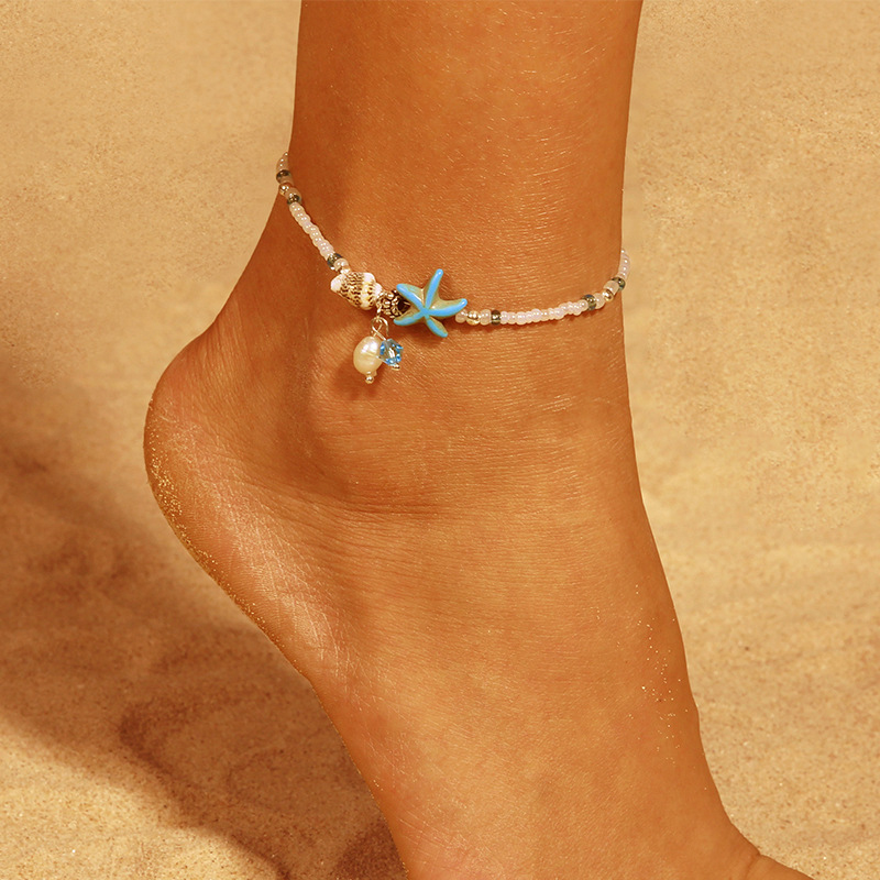 Star Shell Design White Beads Anklet