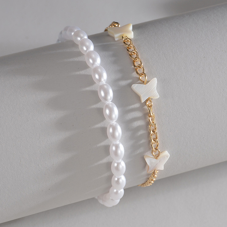 Asymmetrical Design Golden Pearl Dtail Anklet Set