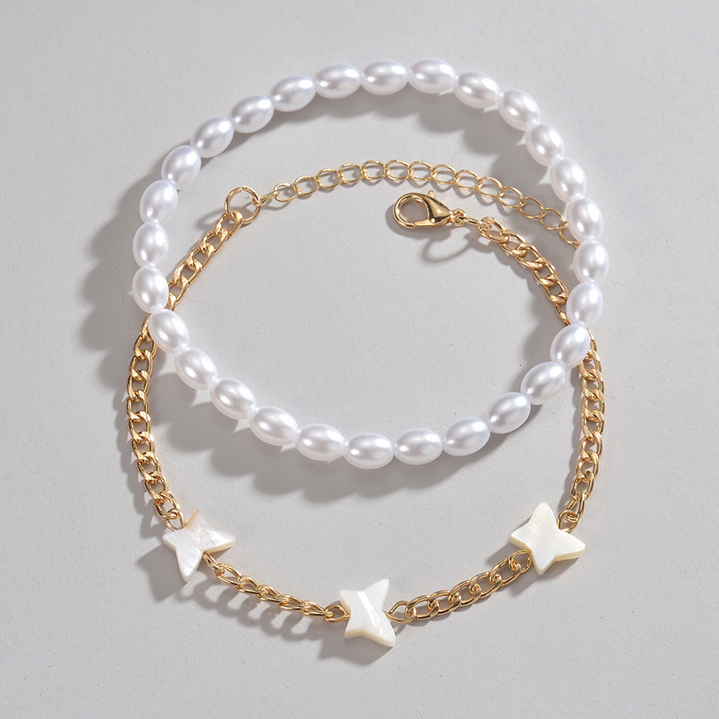 Asymmetrical Design Golden Pearl Dtail Anklet Set