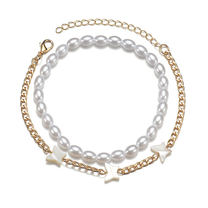 Asymmetrical Design Golden Pearl Dtail Anklet Set