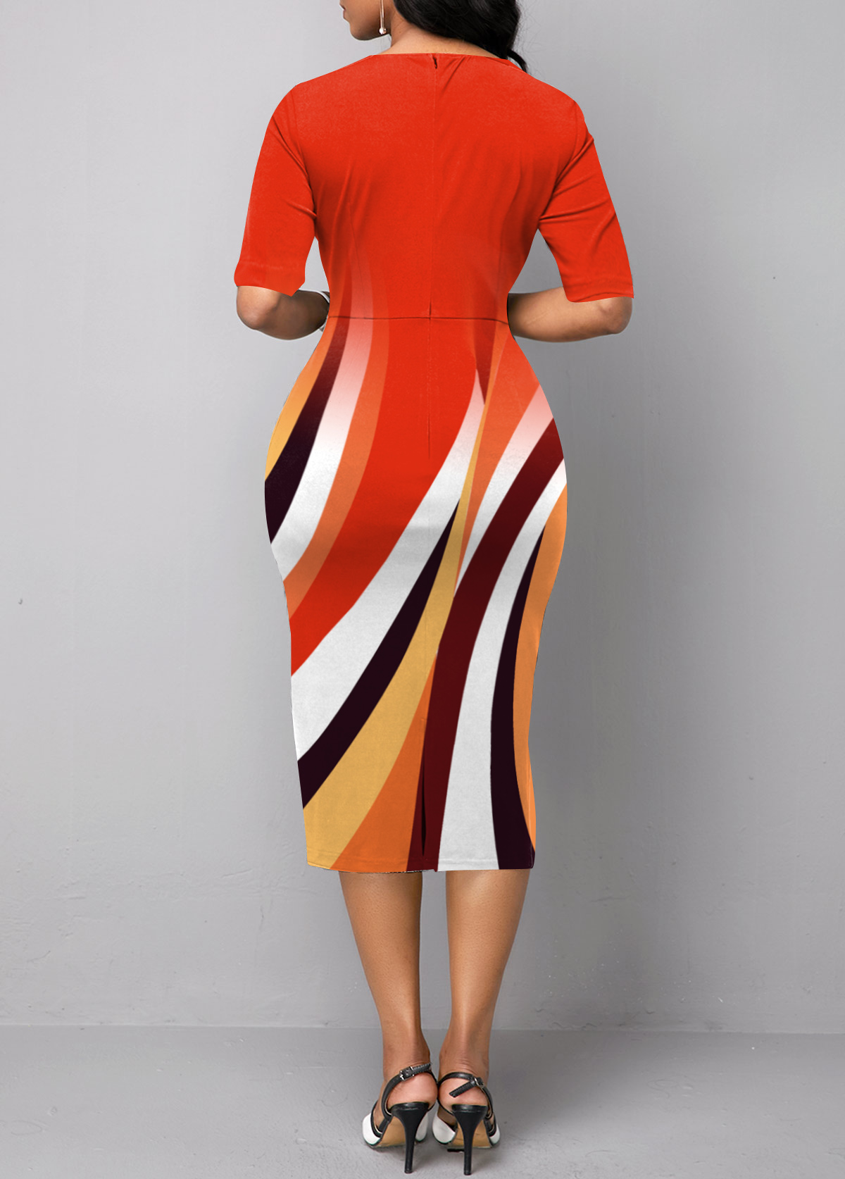 Geometric Print Orange Split Neck Bodycon Dress
