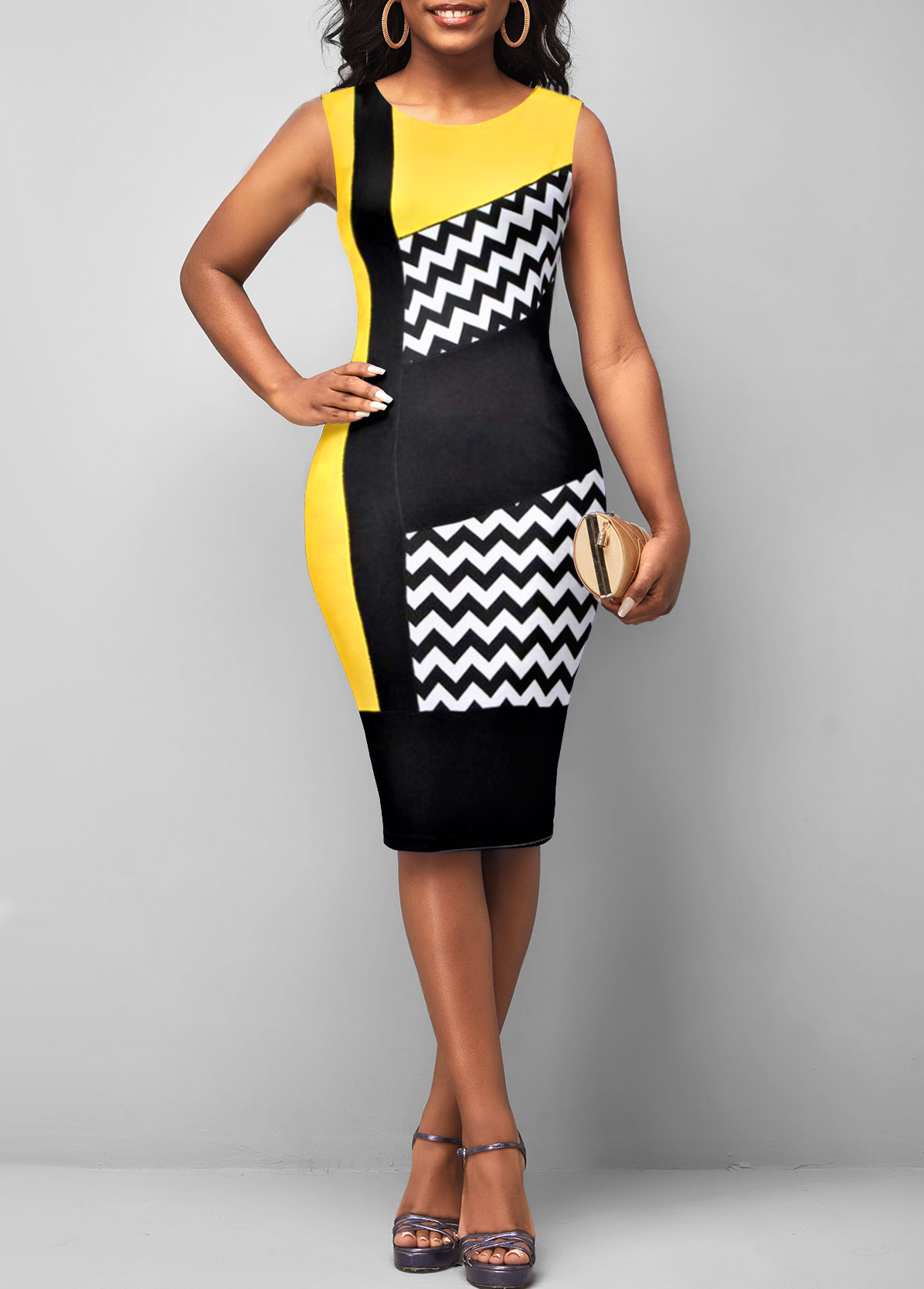 Geometric Print Yellow Round Neck Sleeveless Bodycon Dress | Rosewe.com ...