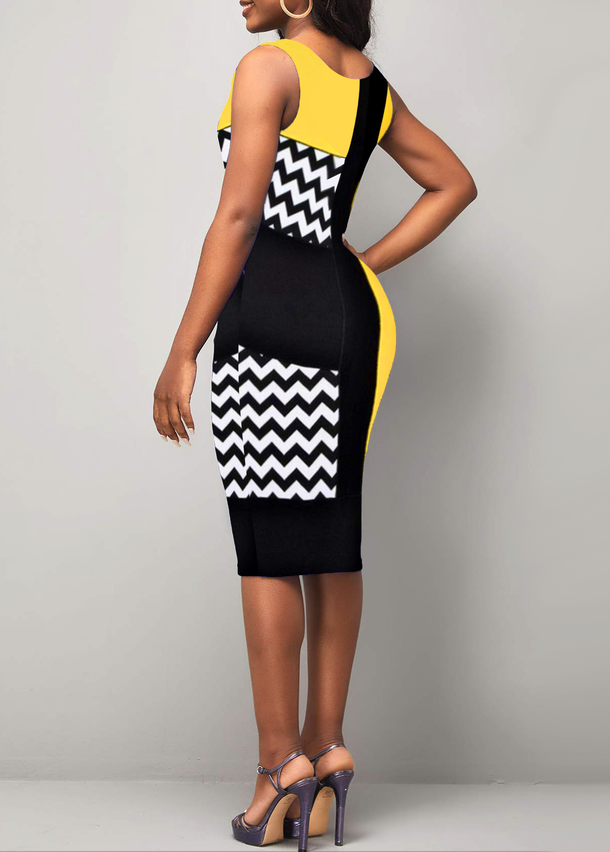 Geometric Print Yellow Round Neck Sleeveless Bodycon Dress
