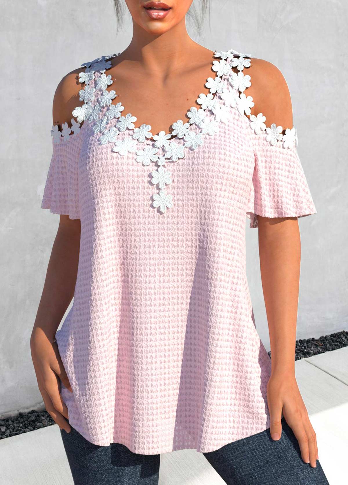 Light Pink V Neck Lace T Shirt