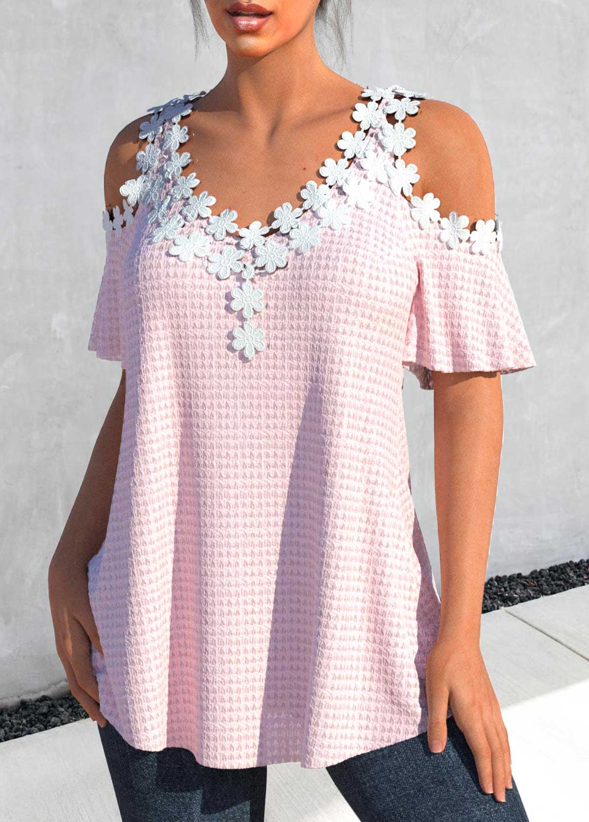 Light Pink V Neck Lace T Shirt