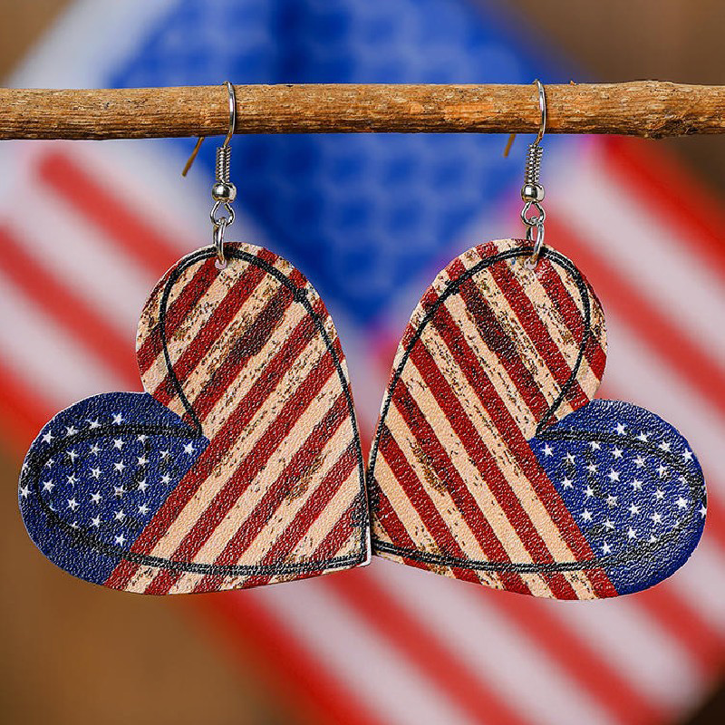 American Flag Print Multi Color Heart Earrings