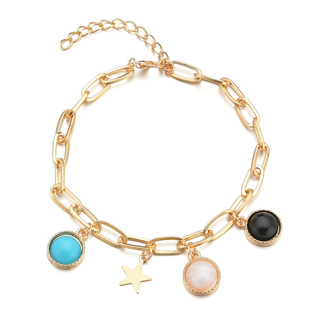 Geometric Pattern Golden Metal Detail Asymmetrical Anklet