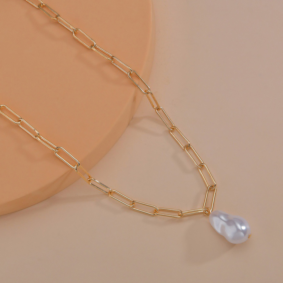 Golden Metal Asymmetrical Pearl Design Necklace