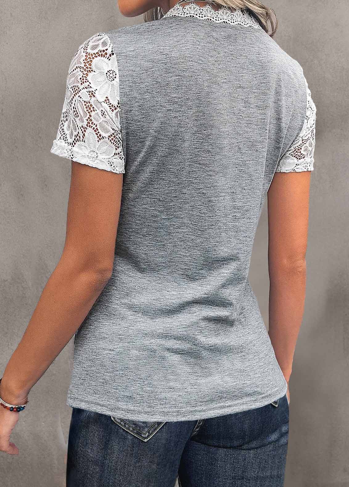 Light Grey Marl V Neck Lace T Shirt