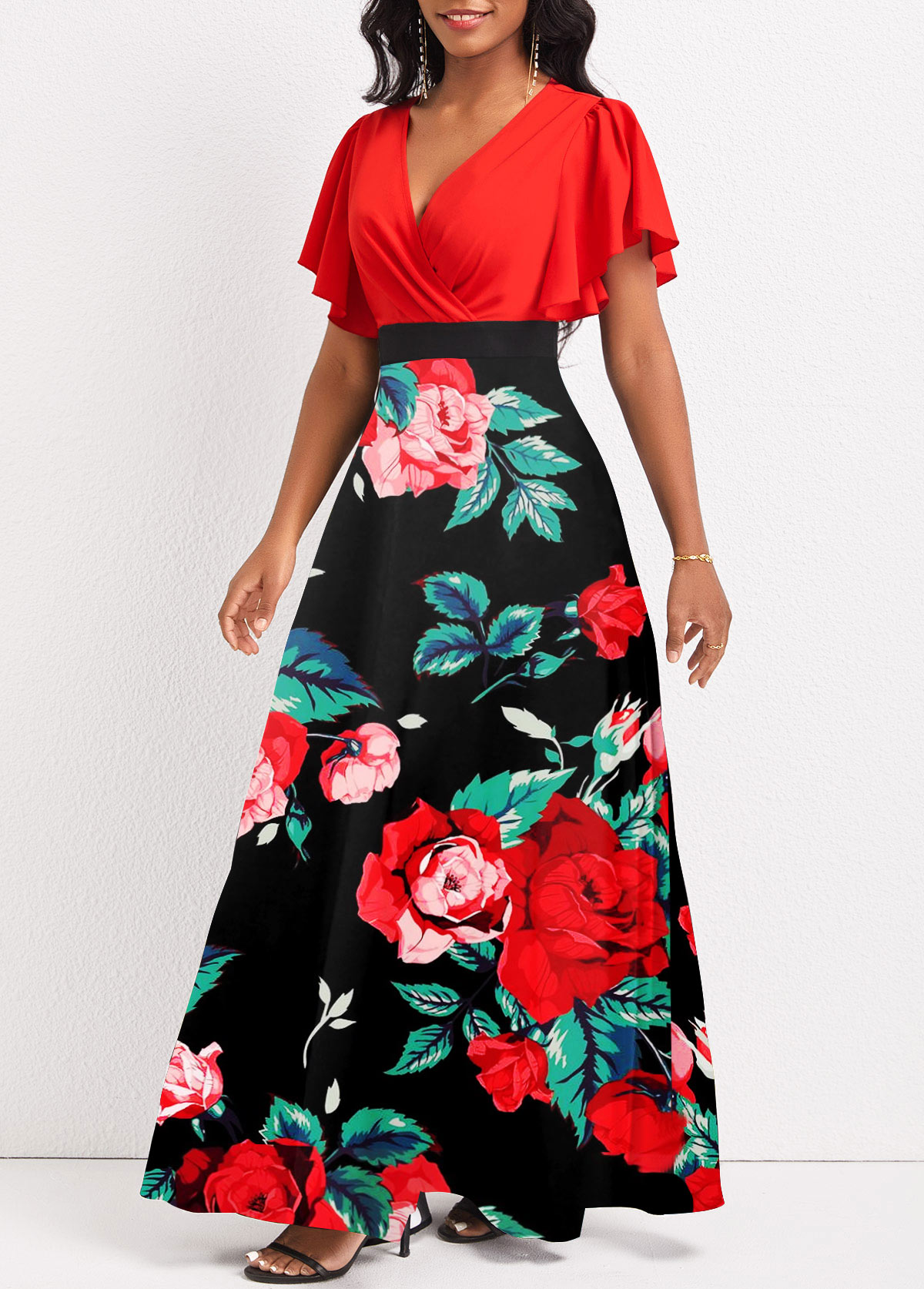 Floral Print Patchwork Red V Neck Maxi Dress