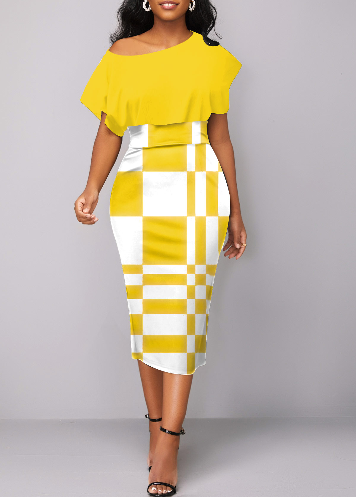 Geometric Print Asymmetry Yellow Boat Neck Bodycon Dress