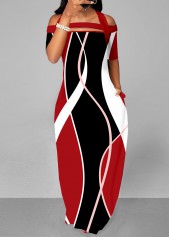Red Strappy Cold Shoulder Printed Maxi Dress