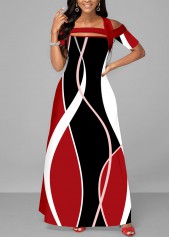 Red Strappy Cold Shoulder Printed Maxi Dress